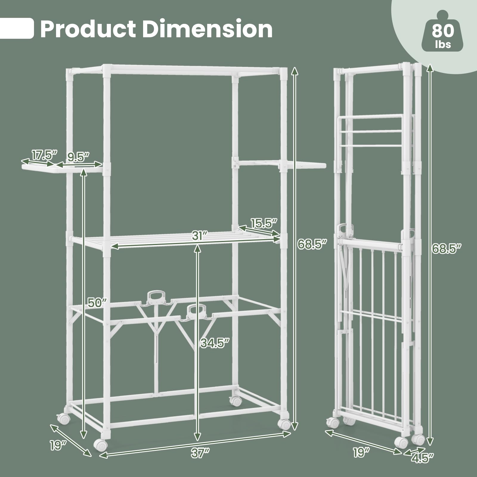 GOFLAME Foldable Clothes Drying Rack, Collapsible Laundry Rack Stand with Hanging Rods, Folding Side Shelves, Removable Middle Shelf, Garment Drying Rack with 4 Universal Wheels for Indoor Outdoor Use