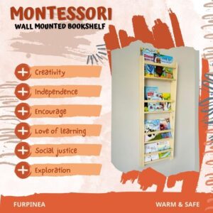 Furpinea Handmade Natural Wood 4 Tier Montessori Wall Mounted Kids Wide Book Shelf for Nursery (Narrow 13" Width, Natural)