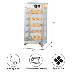 Commercial Food Warmer Display Cabinet, 14-inch 5-Tier, 800-Watt Pizza Warmer with 3D Heating, Bottom Fan, Countertop Pastry Warmer with Temperature Knob/Indicator, Stainless Steel Frame Glass Door