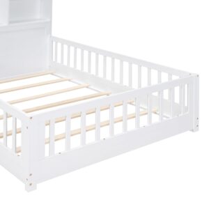 Mirightone Montessori Floor Bed with Rails Full Size Kids Bed Frame with Storage Drawers and Shelves Wood Platform Bed with House-Shaped Headboard and Charging Station, White