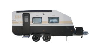 offroad caravans trailer with bedroom/living room/bathroom and kitchen.white and black color.