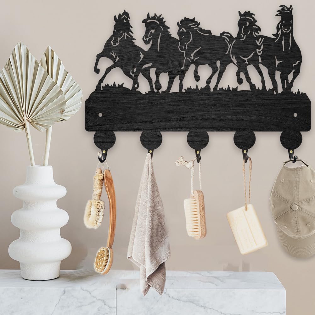 BEUNITONE Horses Wooden Key Hanger Animal Wood Key Holder Hooks 11.8x7.9 Rustic Key Rack Organizer Wall Mounted Coat Hook with 5 Hooks Screws for Entryway Front Door Kitchen Hallway Office Decor