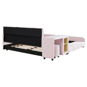 Merax Full Size Upholstered Grounded Bed, Mother & Child Bed with Bedside Desk and Little Round Stool, Velvet, Pink