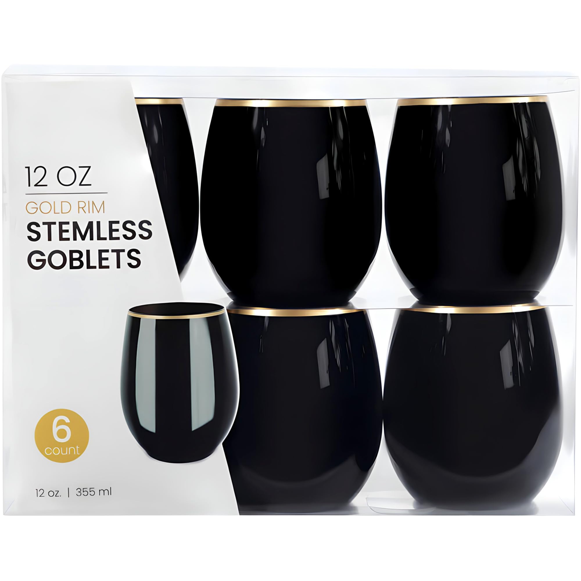 Elegant Stemless Black Wine Goblets with Gold Rim - 12 oz. (Pack of 6) - Unique & Sophisticated Design - Perfect for Enhancing Wine Tasting Experience