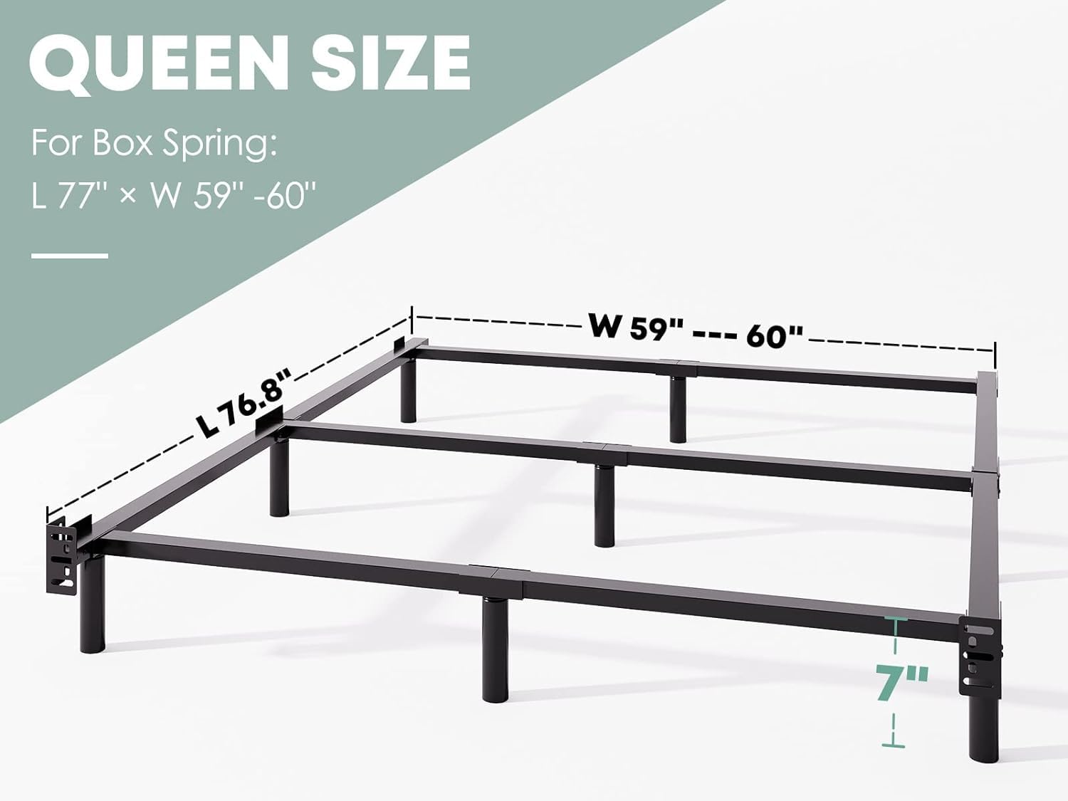 VTWAZAST Queen Size Bed Frame, 7 Inch Metal Heavy Duty Base for Box Spring, 9-Leg Support, Non-Slip, Noise-Free, Easy Assembly, Black