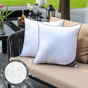 jojogogo 18x18 outdoor throw pillow inserts waterproof set of 2, 18 x 18 outdoor patio furniture decorative pillows, outdoor front porch decor white chair accent pillows (with deep blue piping)