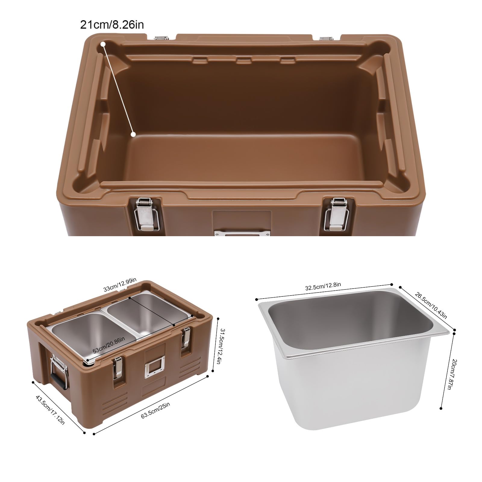 Insulated Food Pan Carrier,30L/31.7Qt 7-8h Insulation Food Box,LDPE+304 Stainless Steel Catering Cold/Hot Box,Outdoor Top Load Food Warmer w/2-Food Pan,2-Handle&4-Buckle for Home,Commercial,Coffee