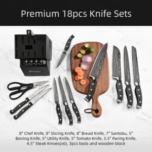 Knife Set, Emojoy 18-Piece Knife Sets for Kitchen with Block, Stainless Steel Kitchen Knives with Built-in Sharpener, Kitchen Shears and Carving Fork, Black