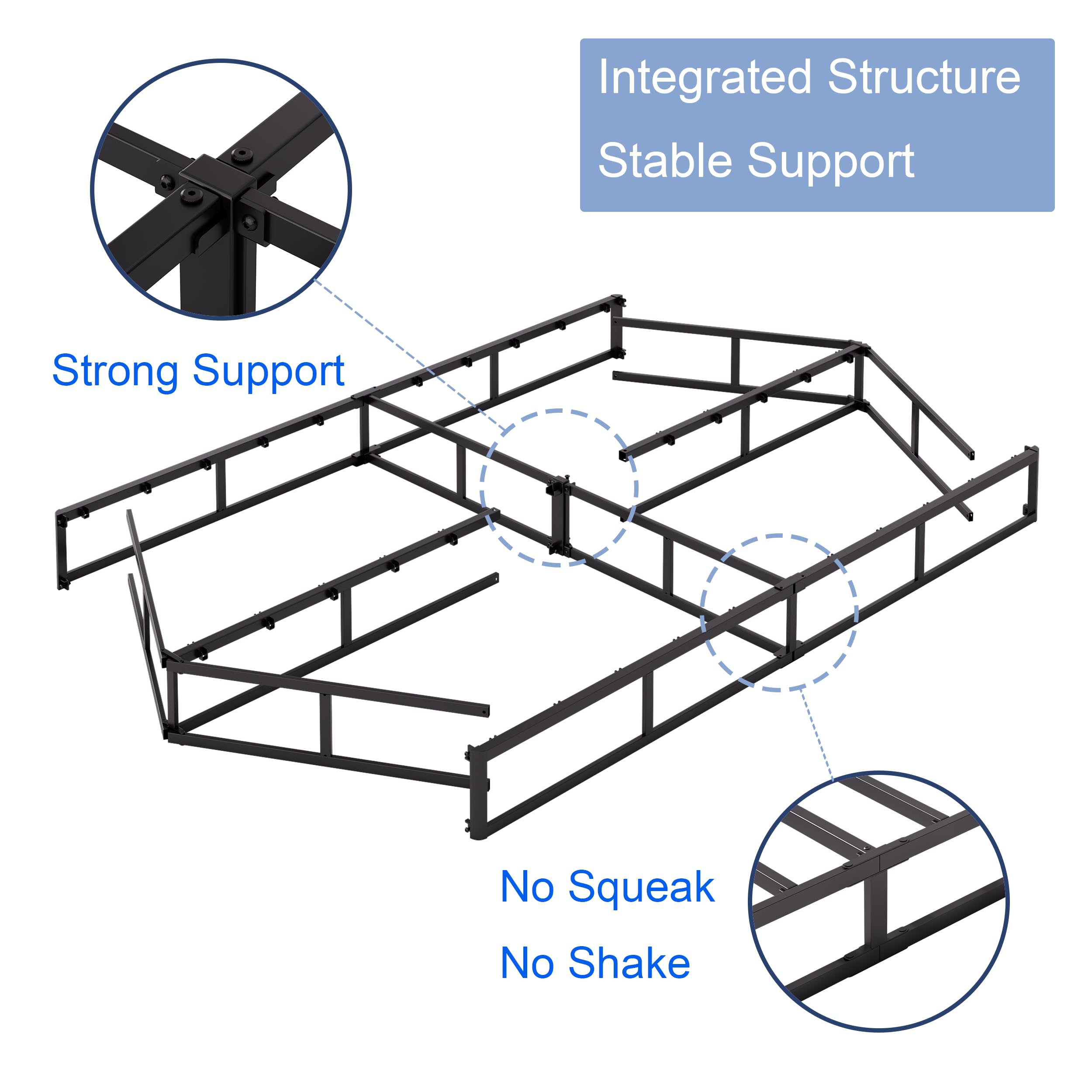 Woozuro Queen Size Bed Frame, 5 Inch Low Profile Metal Box Spring with Fabric Bed Cover, 2500lbs Heavy Duty Steel Structure Mattress Base, Noise-Free Bed Foundation, Easy Assembly, Black