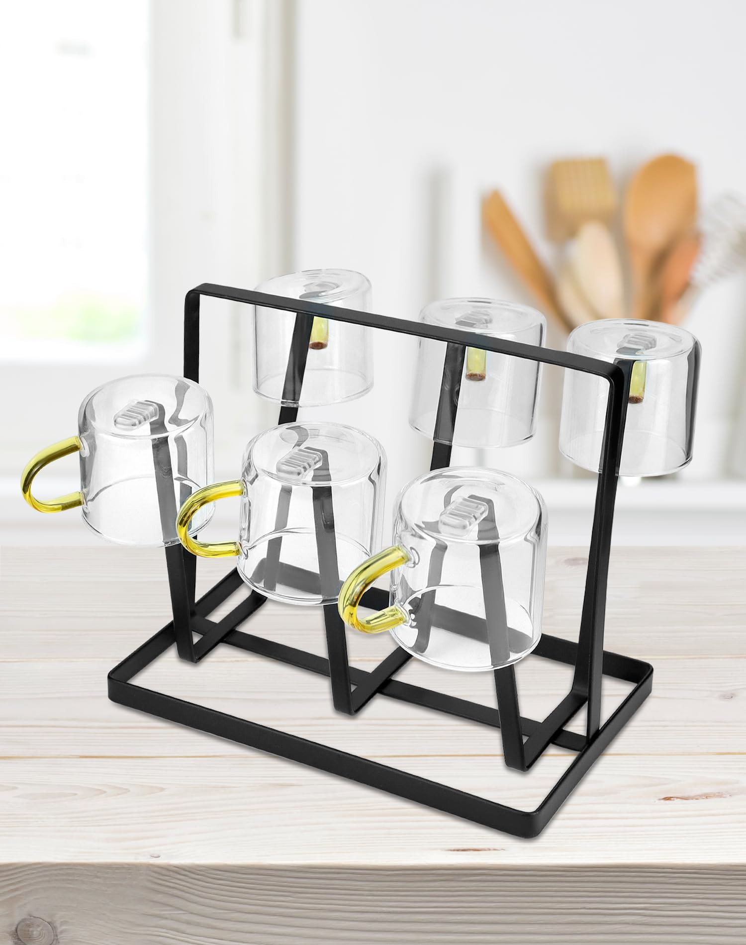 QWORK Cup Drying Rack, 2 Pack 6-Hook Bottle Drying Drainer Stand, Coffee Mugs Wine Glass Drying Rack with Non-Slip Silicone Hooks, Space Saving Countertop Cup Holder, for Home, Office, Cafe - Black