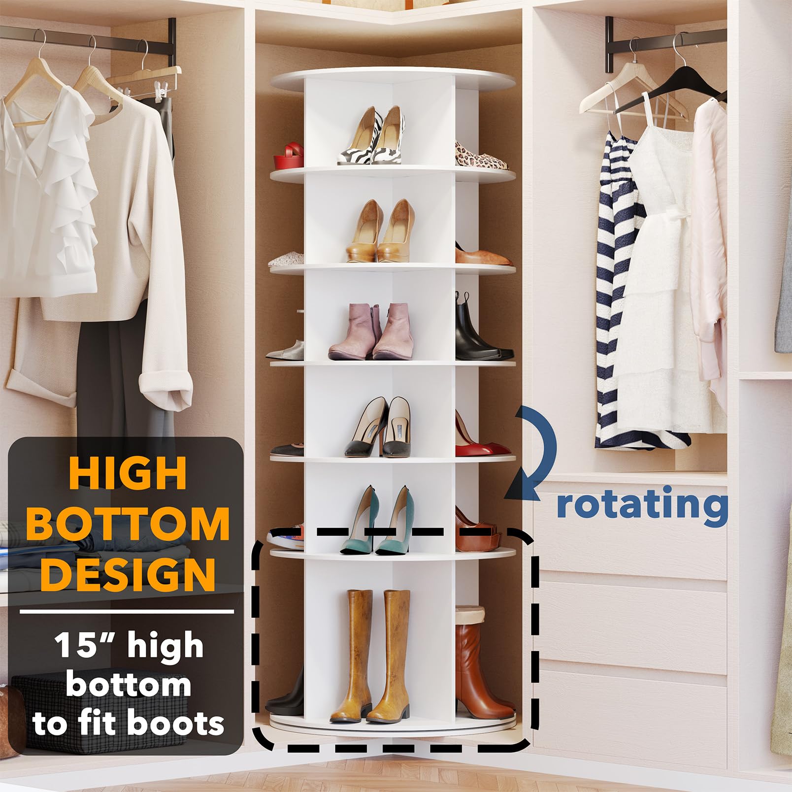 SpaceAid Rotating Shoe Rack 6 Tier Organizer, High Bottom Design Shoe Tower Spinning Storage Lazy Susan, Revolving Rack 360, Closet Handbag Display Rotate Organizers (White)