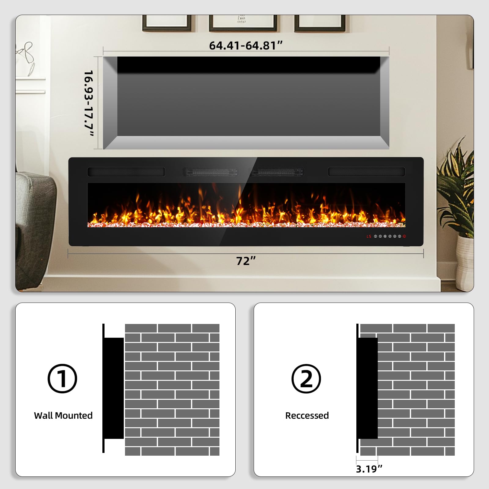 Eueiriup 72” Recessed and Wall Mounted Fire Places Electric Fireplace Ultra Thin with Remote Control, Toucn Screen