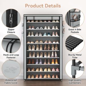 LANTEFUL Shoe Rack with Covers 10 Tier Tall Shoe Rack Organizer Large Capacity Shoe Shelf Storage 40 Pairs Space Saving Free Standing Shoe Storage Organizer for Closet, Entryway, Dorm, Grey