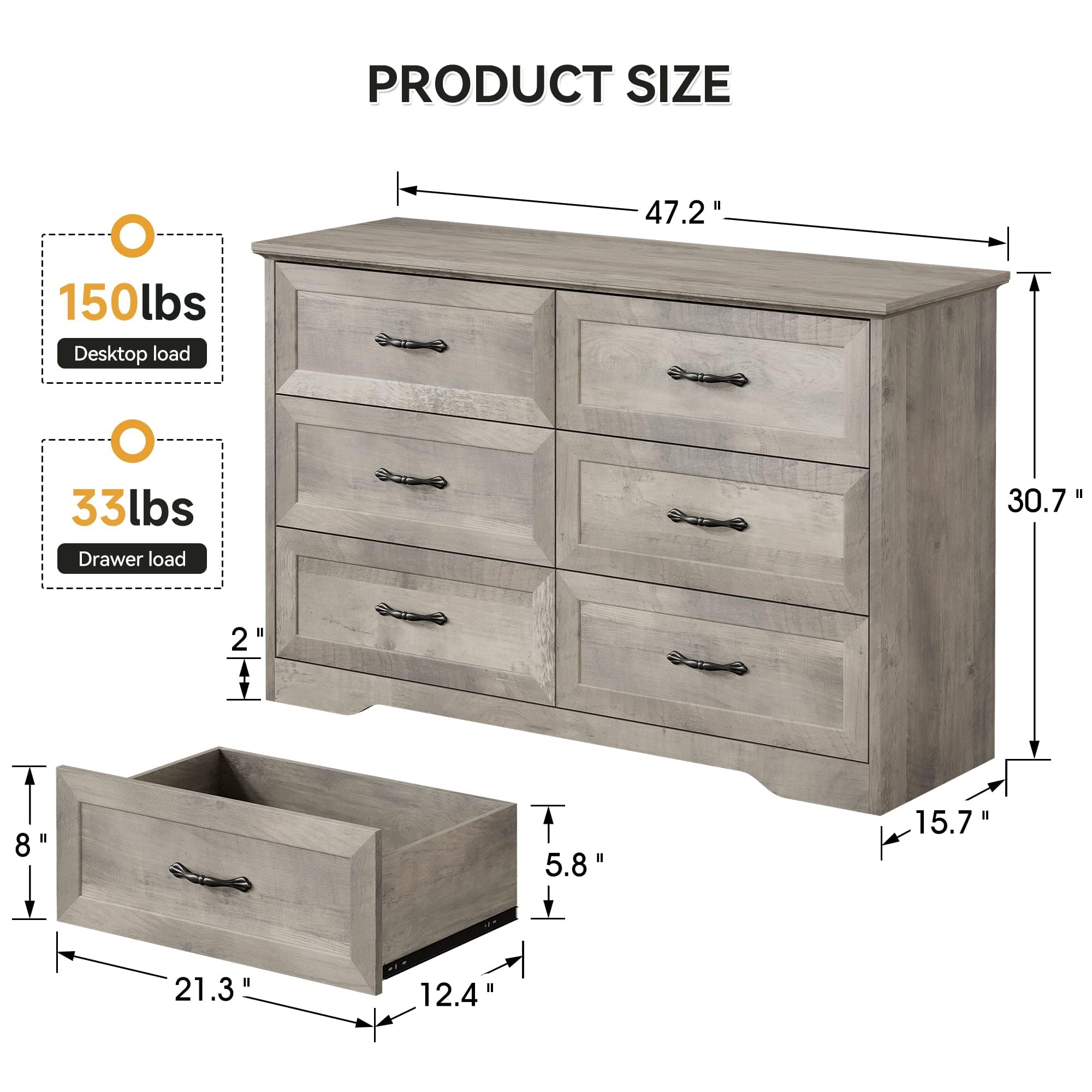 IDEALHOUSE Modern 6 Drawers Dresser, Chest of Drawers Closet Organizers and Storage Clothes, Modern Dressers for Closet Living Room, Kids Bedroom (6 Drawers Dresser, Grey)