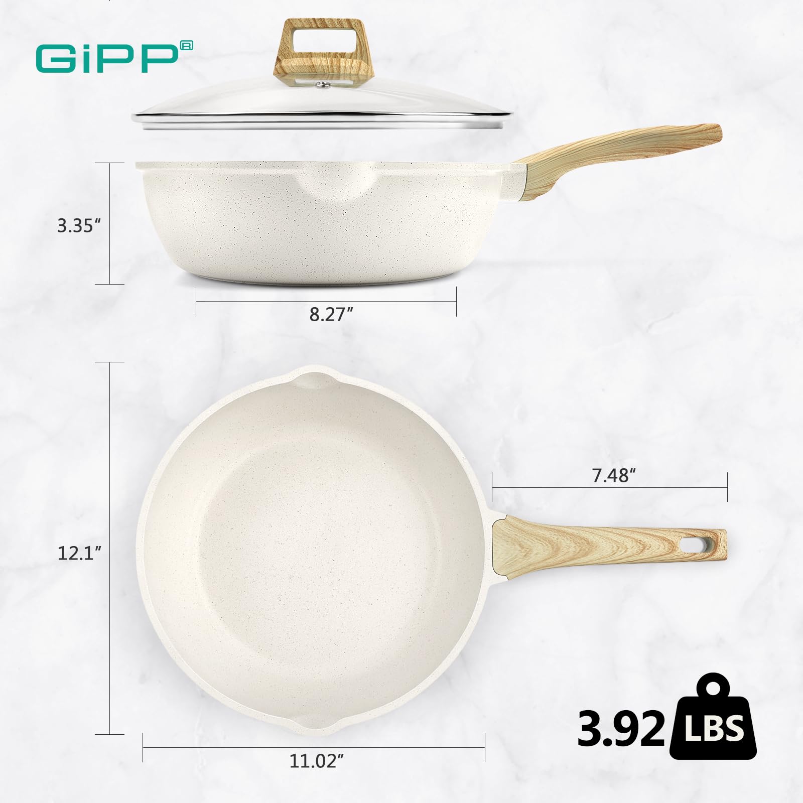 GiPP Nonstick Deep Frying Pan - 11 Inch Saute Pan with Lid Granite Induction Cookware, 4.5Qt Non Stick Woking Pan Skillet, PFOA PFOS APEO Free, White