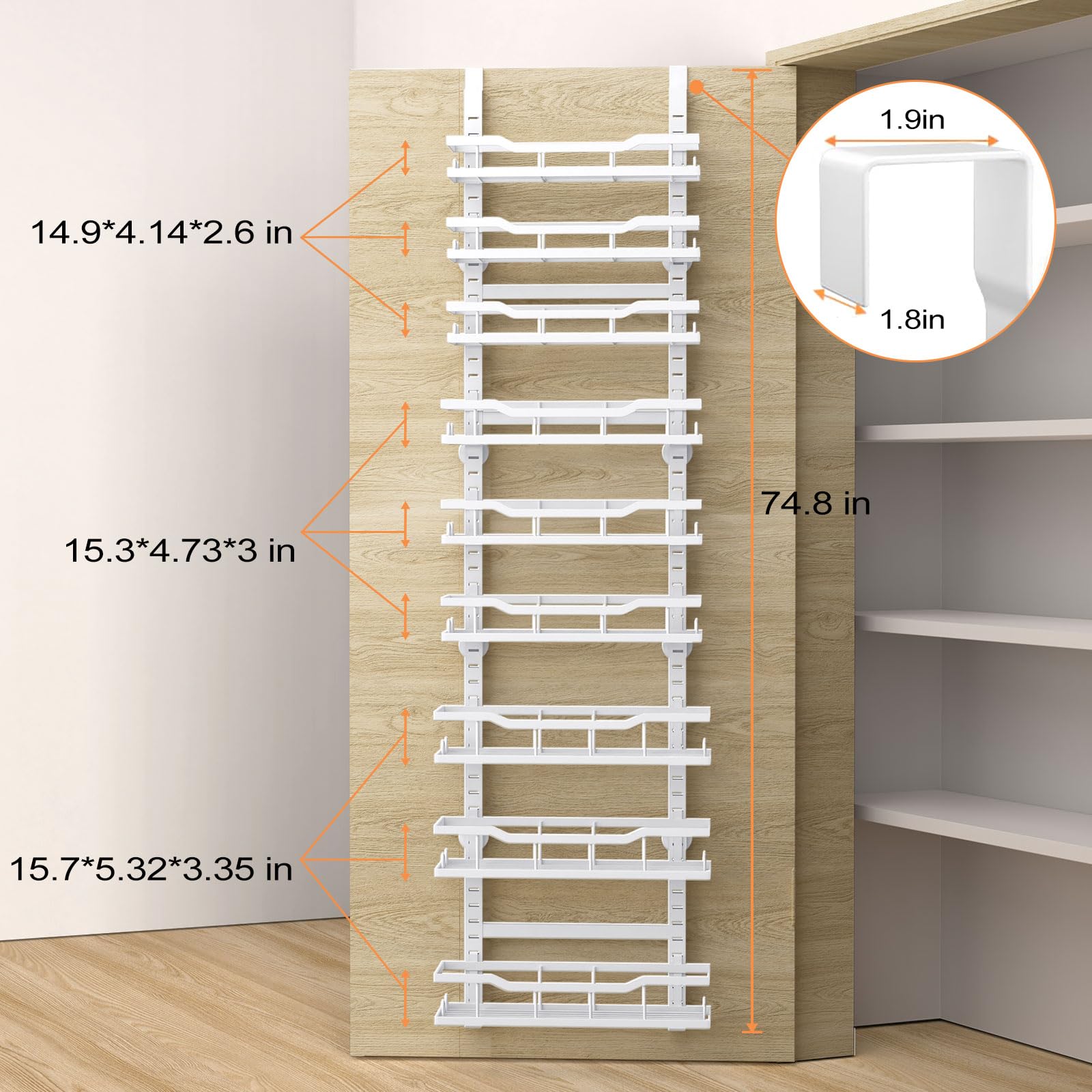 MSERCUOR Over The Door Pantry Organizer Rack, 9-Tier Metal Pantry Organization And Storage with Adjustable Baskets, Hanging Spice Rack for Home & Kitchen Laundry Room Bathroom (9 Tier White)