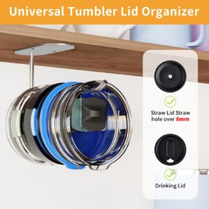 tewodila 2 PCS Tumbler lid Organizer, Kitchen Cup Lid Organizer Inside Cabinet, Water Bottle Lid Holder, Self-Adhesive or Drilling Multi-Functional Storage Hook for Wall (2 Pack)