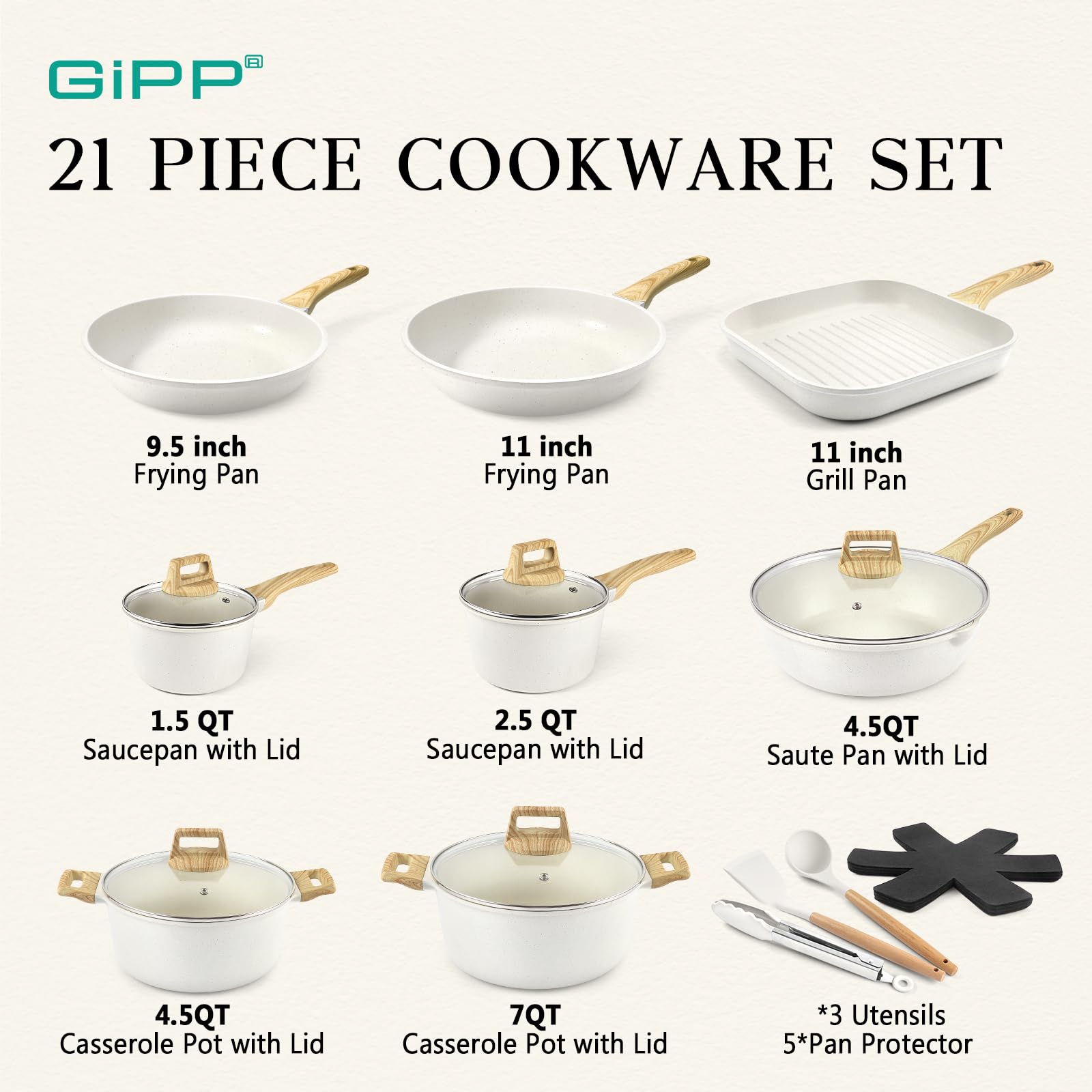 GiPP 21Psc Pots and Pans Set Non Stick - White Granite Kitchen Cookware Sets Nonstick Induction Cookware Non-toxic Cooking Pan Set with Silicone Utensils, PFOS and PFOA Free