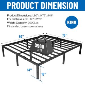 DOFIMATE 16 inch High Mental King Size Bed Frame with Headboard Hole,3900LBS King Size Platform Bed Frame with Storage Space Under Bed,No Box Spring Needed,Easy Assembly