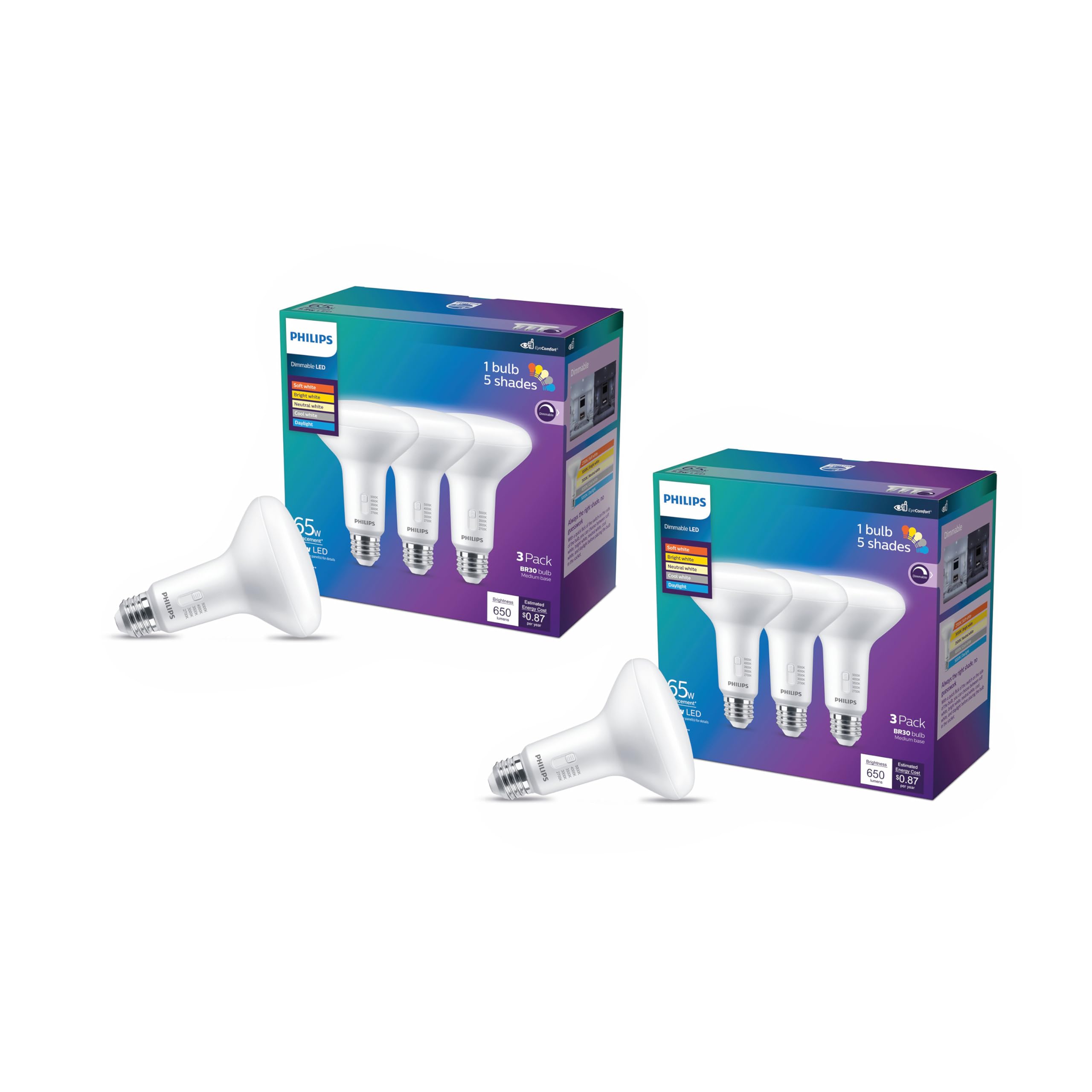 PHILIPS BR30 Dimmable LED Spotlight Bulbs - Flicker Free Light Bulb with EyeComfort Technology - Selectable White - E26 Base - 6 Pack