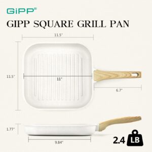 GiPP Nonstick Grill Pan for Stove Tops - 11 Inch Square Grilling Pan for Indoor Cooking & Outdoor Grilling, Non Stick Granite Grill Skillet Steak Pan, PFOA Free, White