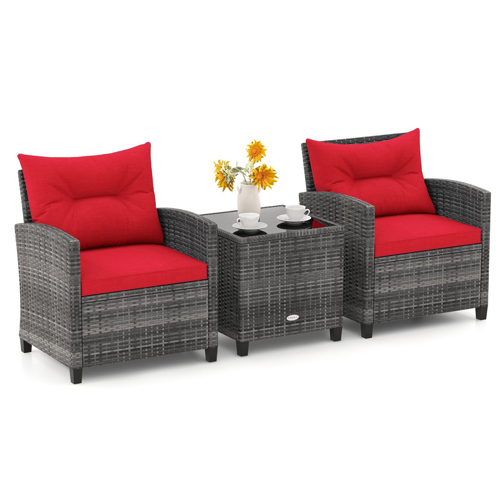 ORALNER Patio Furniture, 3 Pieces Outdoor Wicker Conversation Set Chairs with Soft Cushions and Glass Coffee Table, Rattan Bistro Set for Balcony Garden Deck Front Porch Poolside (Red)