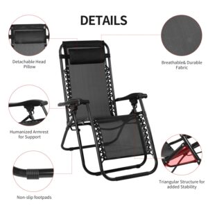 VTOY Zero Gravity Folding Reclining Lounge Chair with Pillow,Adjustable Reclining Patio Chairs,Side Table for Home/Office/Camping/Pool Yard with Cup Holder (Black)