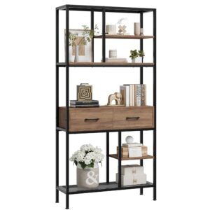 botlog book shelf, tall bookcase with storage, 6-tier industrial bookshelf with 2 wooden drawers for home office and living room, brown