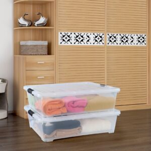 Bringer Set of 3 Large Under Bed Plastic Storage Bins with Lids, 50 L Clear Plastic Latch Storage Box with Wheels