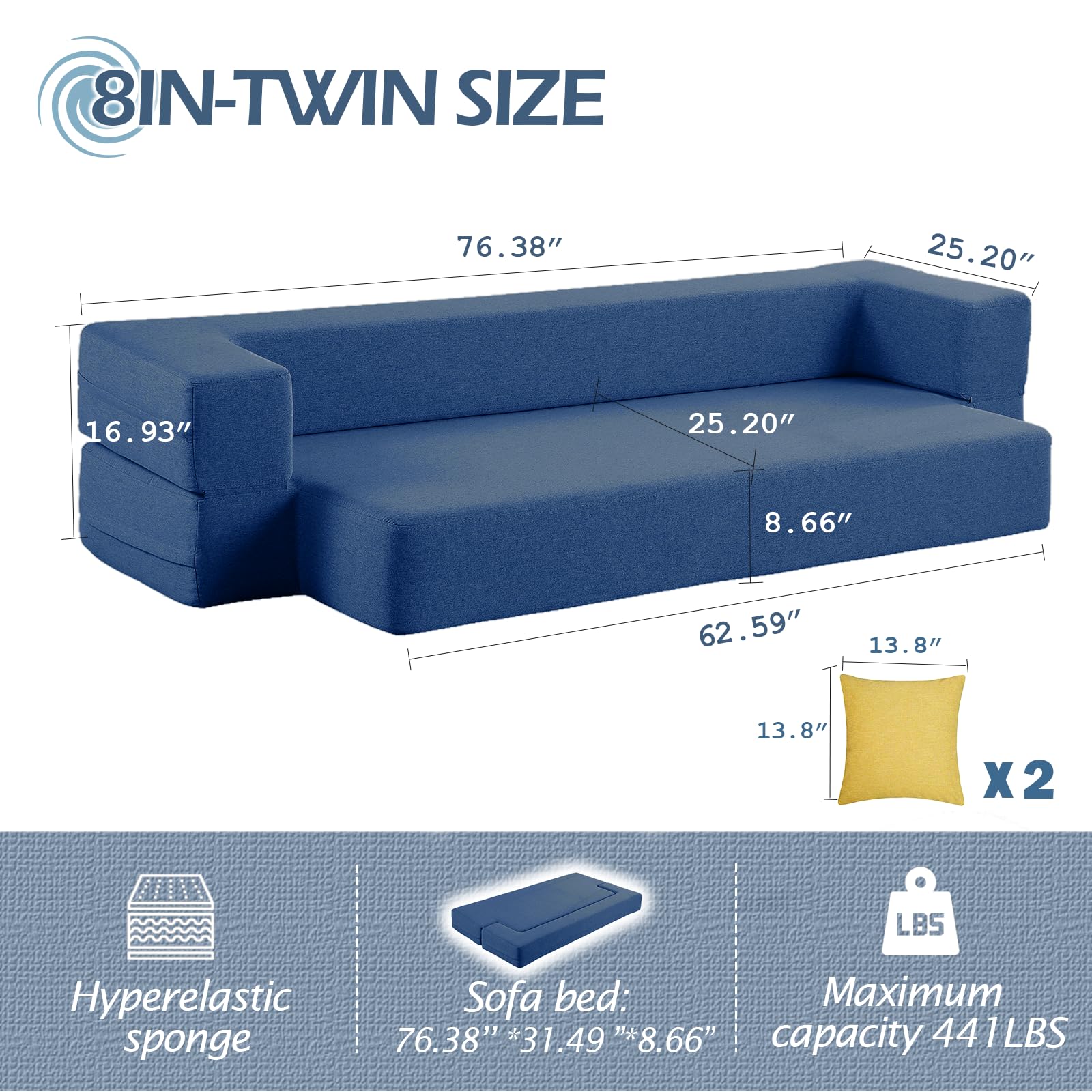 Floor Sofa with 2 Pillow, Futon Sofa Folding Sleeper Bed Convertible Sofa Couch Fabric Sofa Bed for Small Space Twin Bed Mattress with Washable Linen Sofa Cover for Living Room, Guest Bed (Blue)