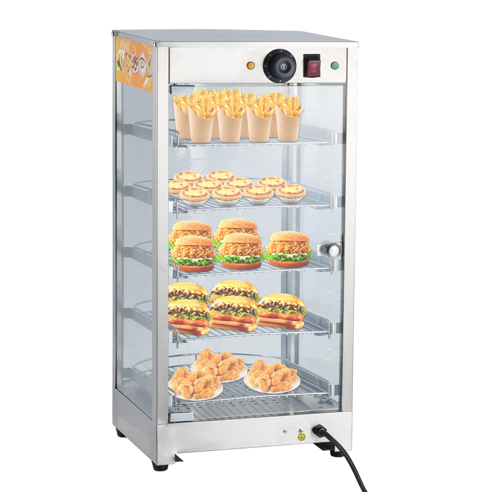 Commercial Food Warmer Display Cabinet, 14-inch 5-Tier, 800-Watt Pizza Warmer with 3D Heating, Bottom Fan, Countertop Pastry Warmer with Temperature Knob/Indicator, Stainless Steel Frame Glass Door