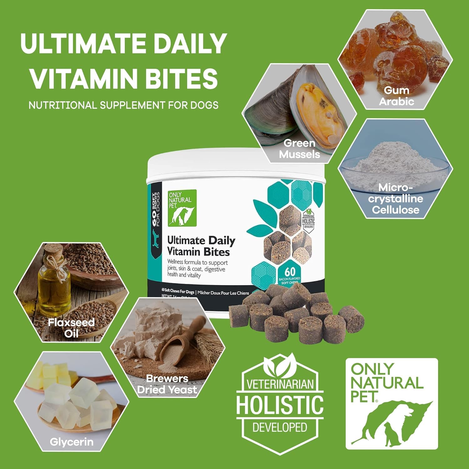 Only Natural Pet Ultimate Daily Vitamins - Complete Multivitamin Supplement for Dogs Balanced Health & Vitality - Senior Small & Large Canine Food Immune Digestive Support -60 Soft Chews (Pack of 2)