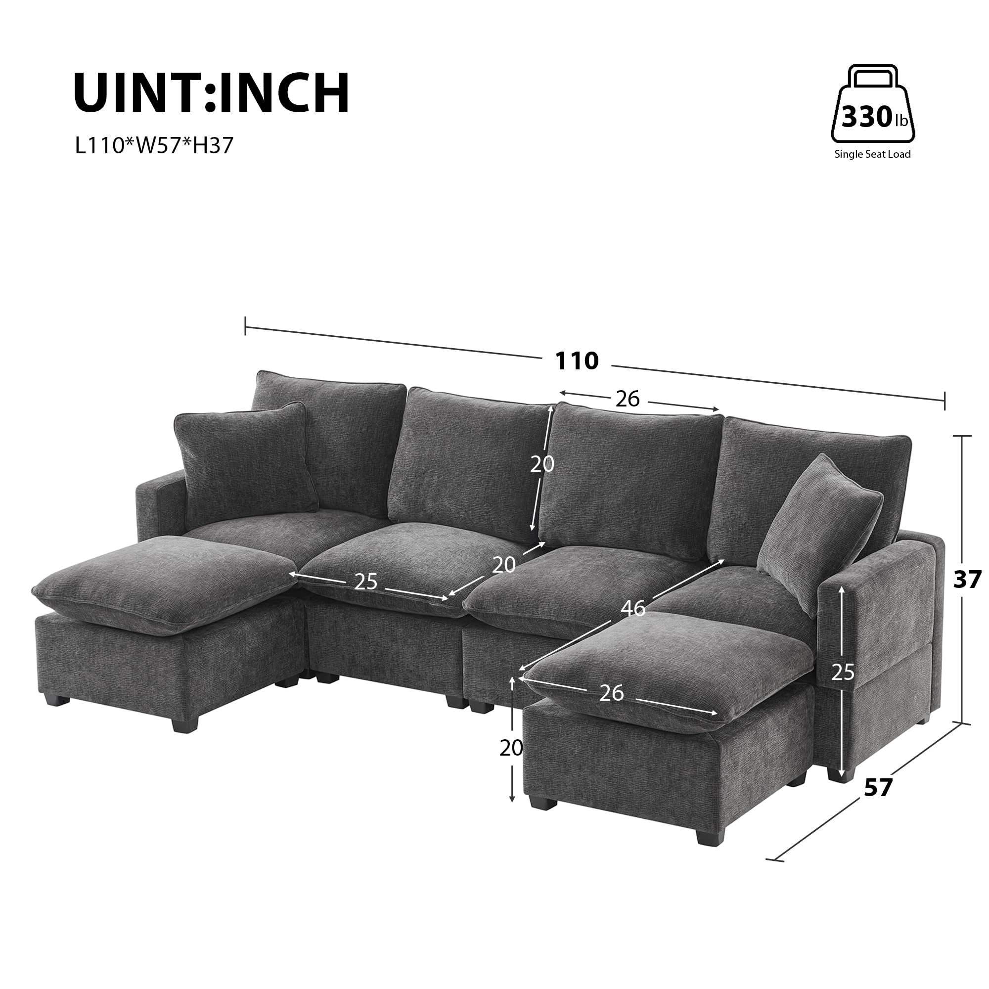 Yoglad 4 Seat Modular Sectional Sofa,Deep Seat Comfy Upholstered Furniture,with Moveable Ottomans,2 Pillows,for Livingroom,Bedroom, Apartment, Office.(Chenille Black)