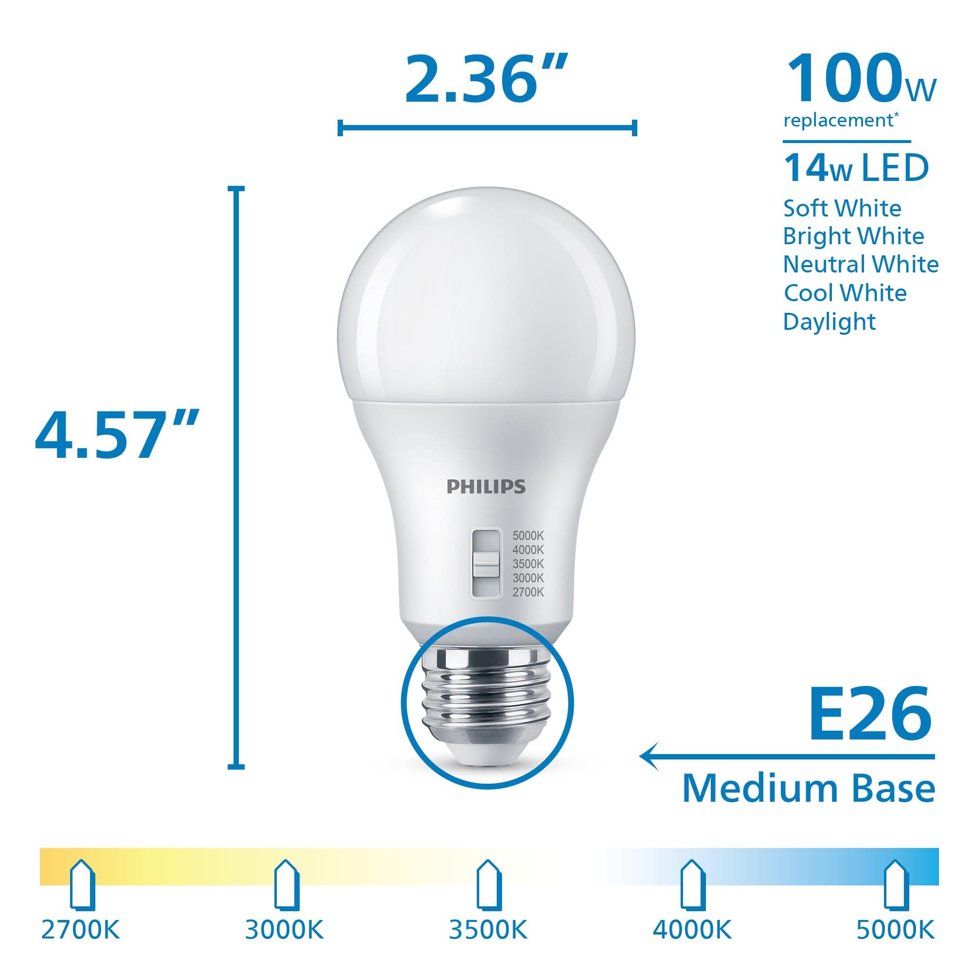 Philips LED A19 Selectable White Dimmable LED Light Bulbs - Flicker Free 60w Light Bulbs with EyeComfort Technology - Soft White 6500K Lightbulb - 1500 Lumen - E26 Base - 4 Pack