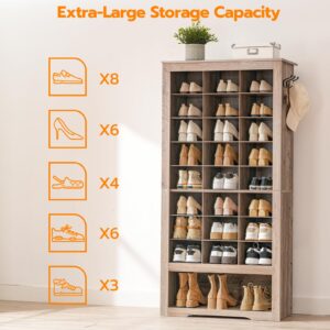 HOOBRO Tall Shoe Cabinet, 9 Tier Shoe Storage Cabinet, Freestanding Wooden Shoe Cabinet Organizer with 24 Cubbies and 3 Hooks, for Entryway, Closet, Living Room, Greige BG24SC01