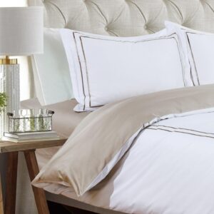 Majestic Giftware Madison Linen 6-Piece Queen Size Duvet Bedding Set (BL51-Q-3) | Flora Hotel Collection-White-Taupe Embroidery 400 TC Cotton Sateen | 1 Fitted Sheet, 1 Duvet, 4 Pillowcases