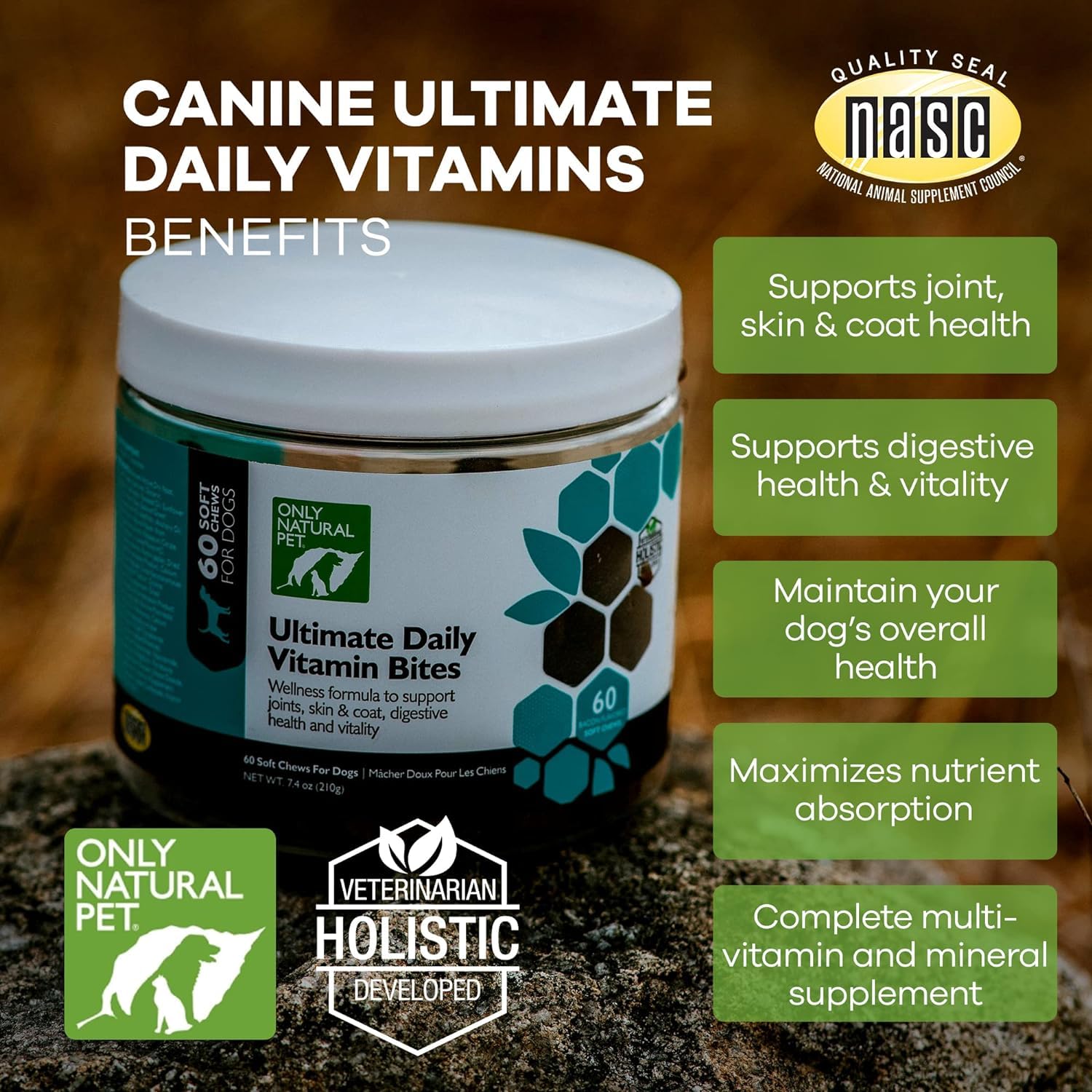 Only Natural Pet Ultimate Daily Vitamins - Complete Multivitamin Supplement for Dogs Balanced Health & Vitality - Senior Small & Large Canine Food Immune Digestive Support -60 Soft Chews (Pack of 2)