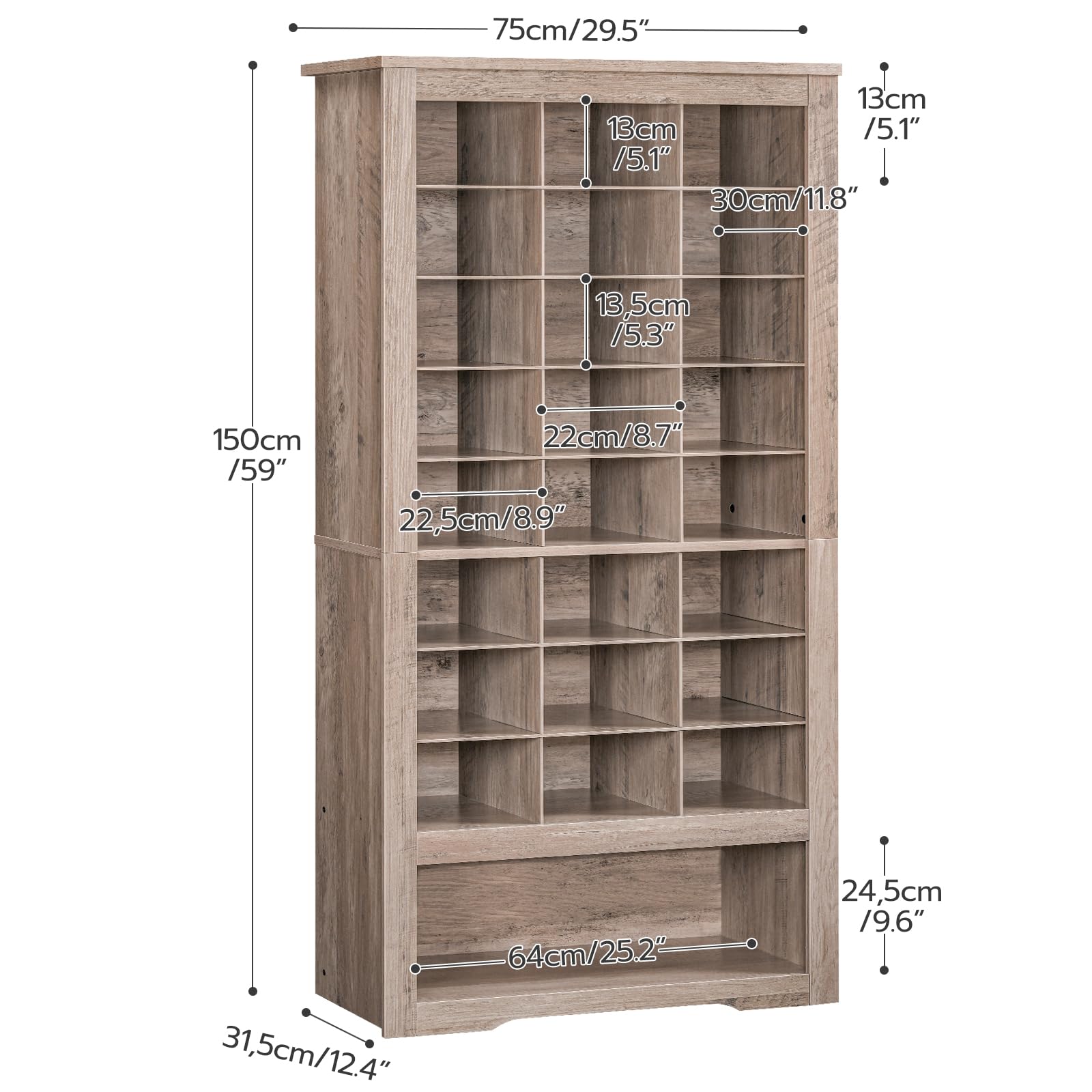 HOOBRO Tall Shoe Cabinet, 9 Tier Shoe Storage Cabinet, Freestanding Wooden Shoe Cabinet Organizer with 24 Cubbies and 3 Hooks, for Entryway, Closet, Living Room, Greige BG24SC01