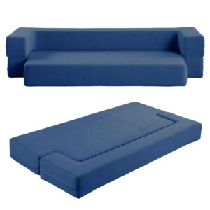 Floor Sofa with 2 Pillow, Futon Sofa Folding Sleeper Bed Convertible Sofa Couch Fabric Sofa Bed for Small Space Twin Bed Mattress with Washable Linen Sofa Cover for Living Room, Guest Bed (Blue)