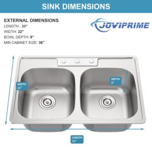 JoviPrime 33 Inch Double Bowl Drop In 50/50 Kitchen Sink Top Mounted 18 Gauge 304 Stainless Steel Sink with Strainer 33" x 22" x 9"