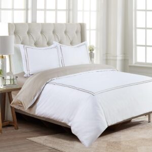 Majestic Giftware Madison Linen 6-Piece Queen Size Duvet Bedding Set (BL51-Q-3) | Flora Hotel Collection-White-Taupe Embroidery 400 TC Cotton Sateen | 1 Fitted Sheet, 1 Duvet, 4 Pillowcases