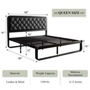 Feonase Queen Bed Frame, Upholstered Platform Bed Frame with Heavy-Duty Steel Slats, Diamond Tufted Headboard, 12" Storage Space, No Box Spring Needed, Noise Free, Easy Assembly, Black