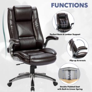 Executive Office Chair High Back-Ergonomic Desk Chair Bonded Leather Computer Chair with Flip-up Arms, Adjustable Tilt Tension, Padded Armrests, Swivel Rolling Home Office Desk Chair-Brown, 300lbs