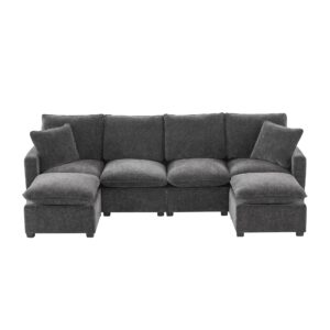 Yoglad 4 Seat Modular Sectional Sofa,Deep Seat Comfy Upholstered Furniture,with Moveable Ottomans,2 Pillows,for Livingroom,Bedroom, Apartment, Office.(Chenille Black)