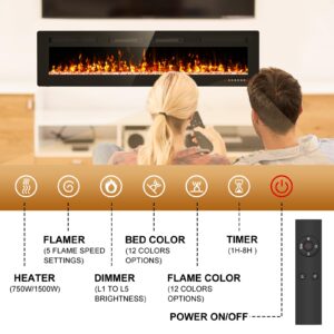 Eueiriup 72” Recessed and Wall Mounted Fire Places Electric Fireplace Ultra Thin with Remote Control, Toucn Screen