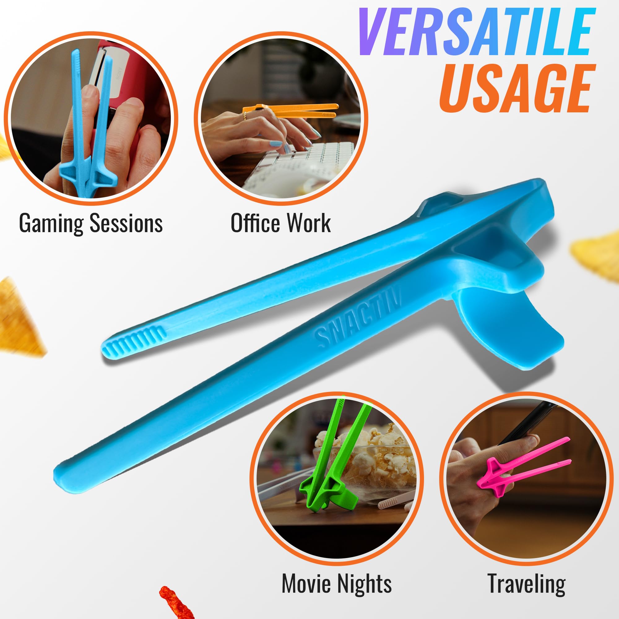 SNACTIV LITE Finger Chopsticks for Gamers 4PC NEON Bundle - As Seen on Shark Tank! The Official Snacking Tool of the Future - Enjoy Snacks and Chips with Ease - Innovative Gaming Snacking Solution