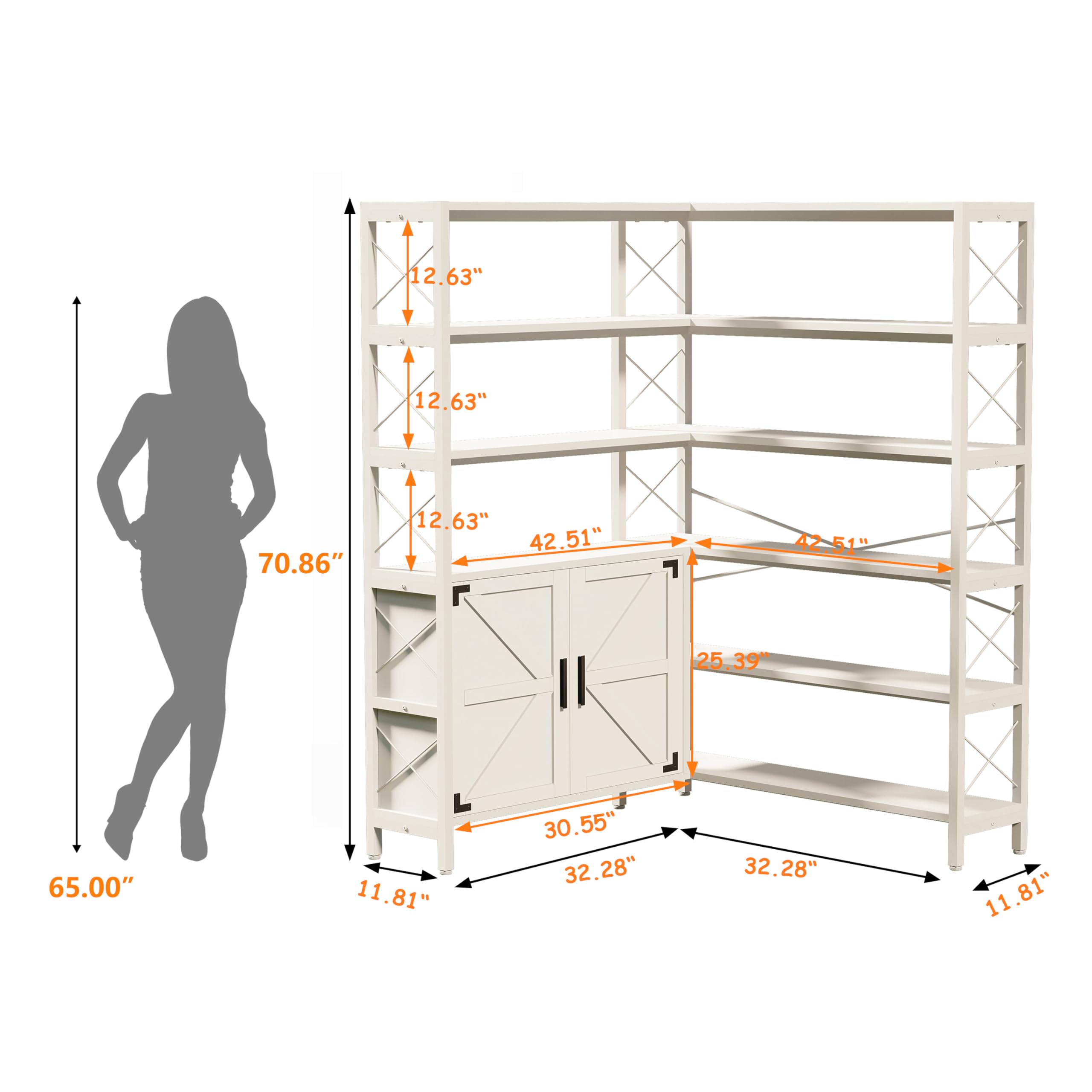 GLAUBIO 6-Tier Corner Bookcase,Farmhouse Style Corner Bookshelf, 5-Tier Tall Corner Shelf Storage Display Rack with Metal Frame for Living Room Home Office,White