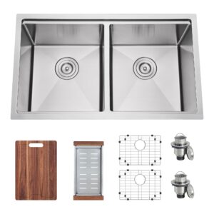 JoviPrime 32 Inch Undermount 50/50 Double Bowl Kitchen Sink Workstation 16 Guage Stainless Steel Undermount Rectangular Deep Kitchen Sinks with Integrated Ledge and Accessories 32" x 18" x 10"