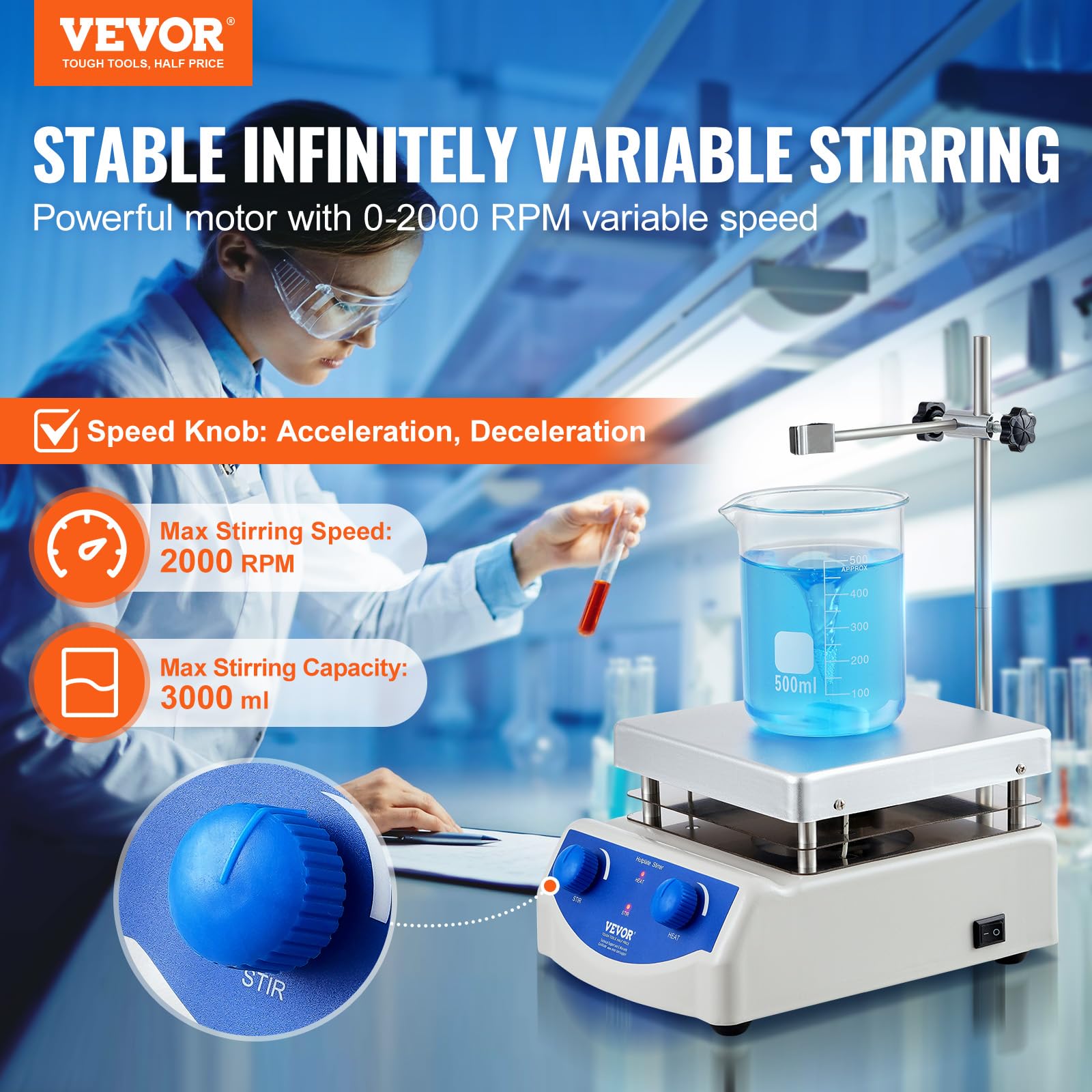 VEVOR Magnetic Stirrer Hot Plate, Max 716°F/380°C, 0-2000 RPM Hot Plate with Magnetic Stirrer, 3000mL Hot Plate Stirrer, Support Stand and Stir Bars Included, 500W Heating Power