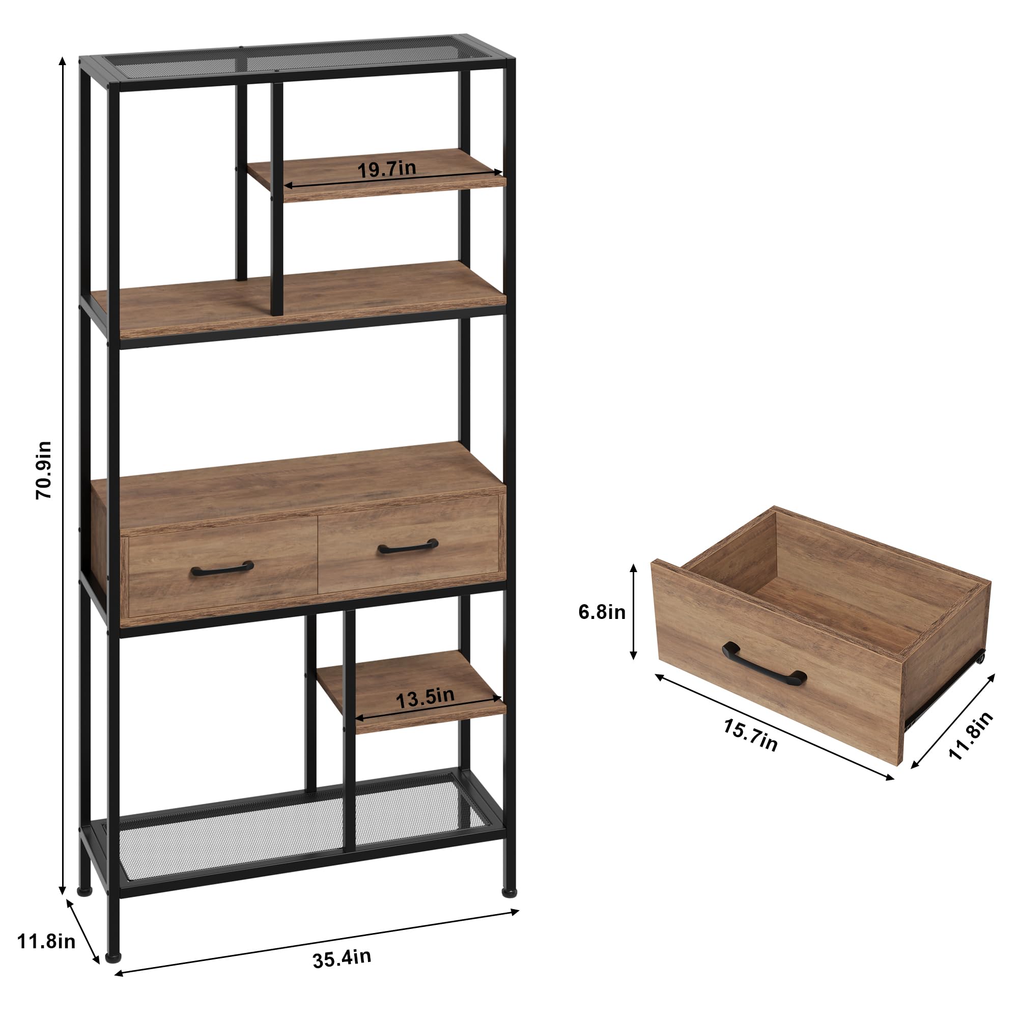 BOTLOG Book Shelf, Tall Bookcase with Storage, 6-Tier Industrial Bookshelf with 2 Wooden Drawers for Home Office and Living Room, Brown